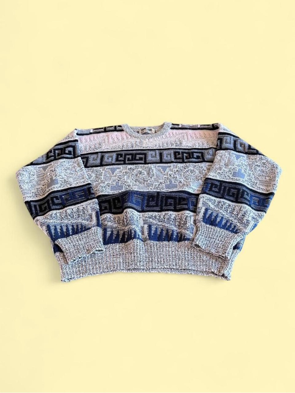 Vintage City Streets Geometric Knit Sweater Gray Pink Oversized Women’s Size L